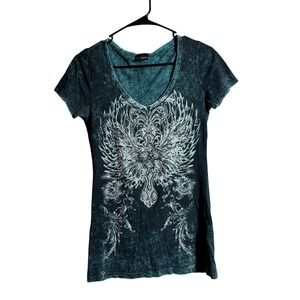 Daytrip Distressed Graphic Tee Shirt Teal Blue Wings Rhinestone Women's S